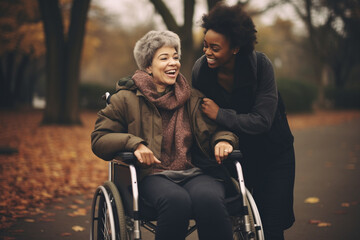 Disabled person on wheelchair and supporter care in relaxing time at park. Generative AI