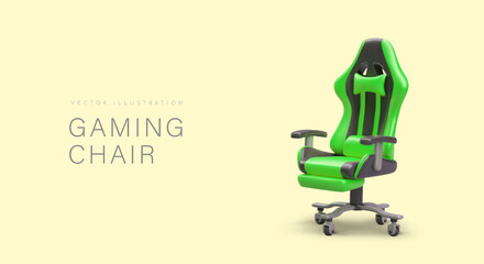 Realistic gaming green chair. Furniture on wheels. Luxurious ergonomic armchair for working at computer. User comfort. Concept for gaming equipment store