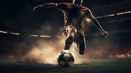 A soccer player mid-kick