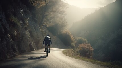 Cyclist racing down a winding mountain road