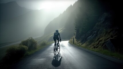 Cyclist racing down a winding mountain road