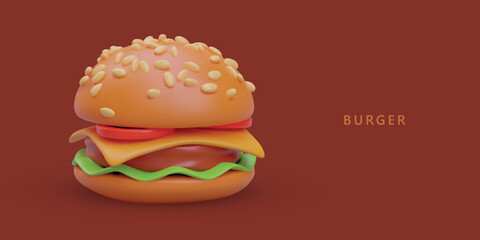 Realistic vector burger. Round bun with filling and sesame sprinkle. Classic hot fast food. Appetizing food with meat, cheese, vegetable fillings. Color banner with text