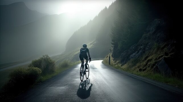 Cyclist racing down a winding mountain road