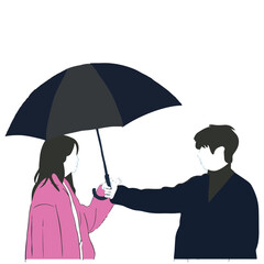 Illustration vector of a man trying to protect his woman from the heavy rain with a blue umbrella. Inspired by one of the famous Korean drama scenes.
