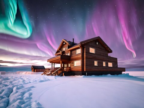 Aurora borealis over house in winter landscape, Generative AI Illustration
