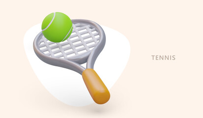 Color 3D tennis racket and ball. Concept of sports game competition. Horizontal vector banner with place for text. Training announcements. Advertisement of tennis club