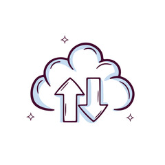Hand Drawn Cloud Icon With Upside Down Arrow. Doodle Sketch Vector Illustration