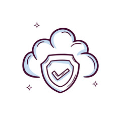 Hand Drawn Cloud icon With Shield And Check Mark. Doodle Sketch Vector Illustration