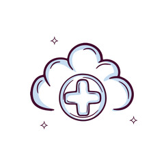 Hand Drawn Cloud Icon With Medical Cross. Doodle Sketch Vector Illustration