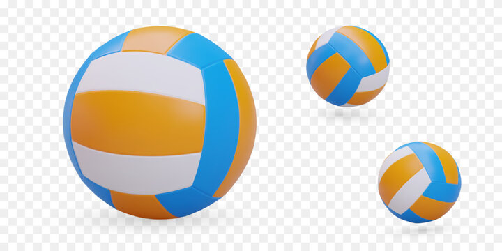 3D multi colored volleyball ball. Accessory for team sports game. Vector object in different positions. Icons for sports application, website. Symbol of sports and entertainment
