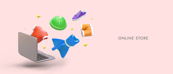Online store. Opened realistic laptop, floating vector clothing items. Goods for men and women. Color template with place for text. Illustration in cartoon style