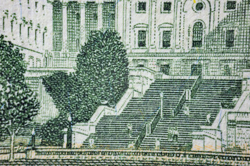 Capitol close-up on a fifty dollar bill, macro shot