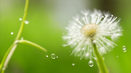 Dandelion water drops and closeup of flower in nature for spring by Generative AI