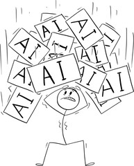 Person Overwhelmed with Ai or Artificial Intelligence, Vector Cartoon Stick Figure Illustration