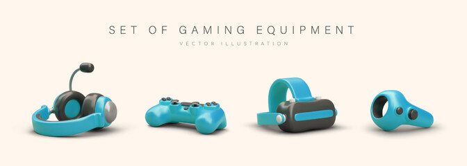 Set of modern gaming computer equipment. Realistic headphones with microphone, gamepad, 3D glasses, controller for virtual reality. Detailed images with shadows