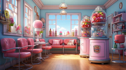 A candy-themed waiting room with a mural of sweets
