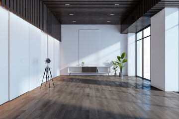 Contemporary wooden and concrete living room interior with empty white mock up banner, window and city view, furniture and decorative plant. 3D Rendering.