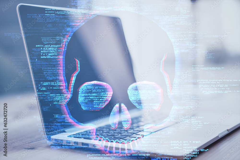 Poster Close up of laptop keyboard with skull hologram on blurry background with coding. Hacking and malware concept. Double exposure.