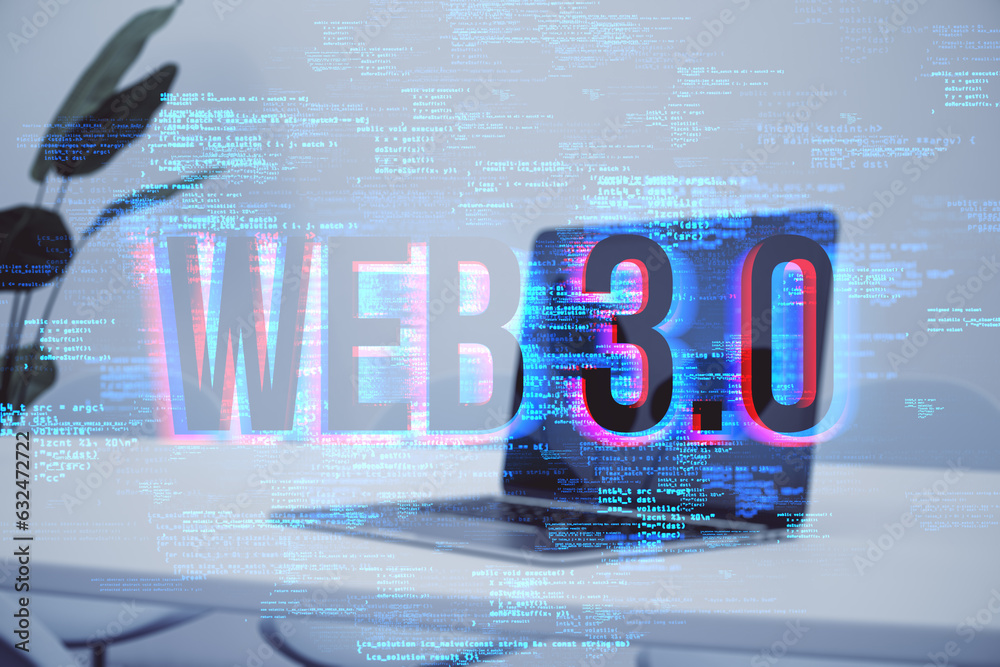 Poster close up of laptop on desktop with creative glowing web 3.0 hologram on blurry light background. met