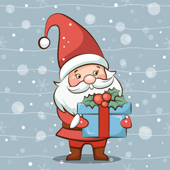 Merry Christmas, happy Santa Claus with gift. Vector illustartion. 