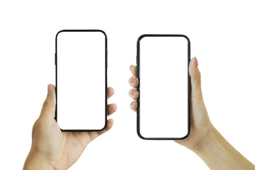 Set of hand holding smartphone, isolated on transparent background, Pack element PNG