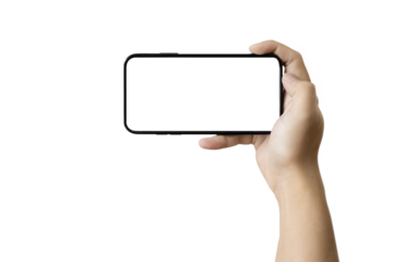 Hand holding Smartphone isolated on transparent background for your mobile phone app or web site design, logo Global Business technology. Png file