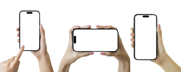 Set of hand holding smartphone on transparent background, PNG file. Mockup template for artwork design. perspective positions many different angle.