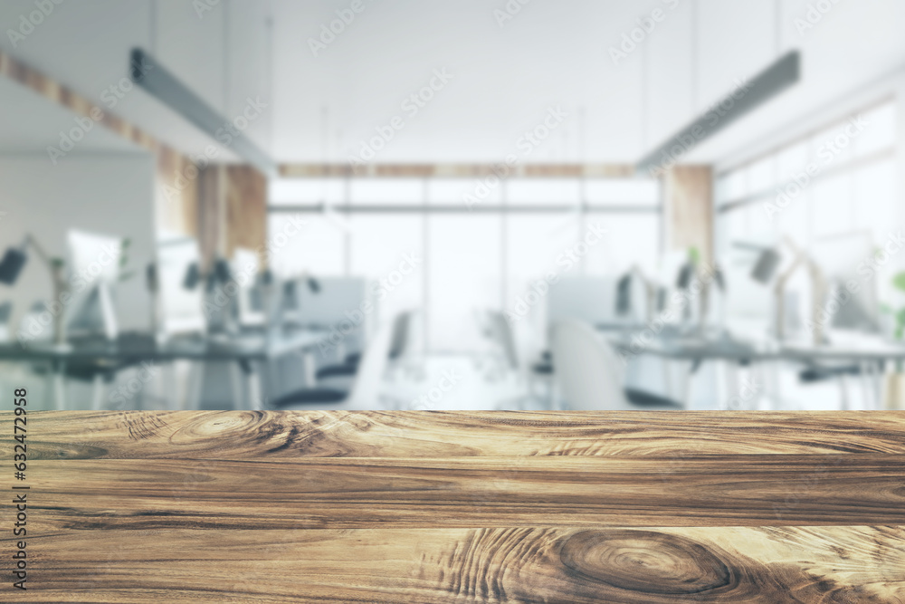 Poster close up of empty wooden countertop with product placement mock up place on blurry interior backgrou
