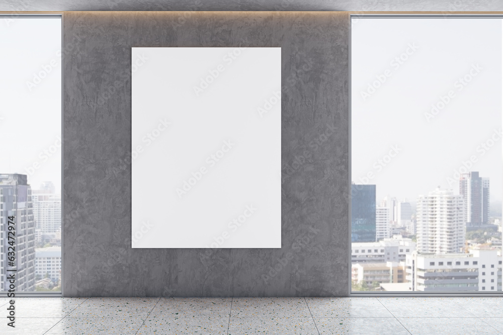 Poster modern gallery interior with panoramic windows, city view and empty white mock up poster on wall. ex