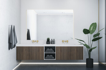 Contemporary dark wooden and concrete bathroom interior with mirror, counter and sink. Hotel and home concept. 3D Rendering.