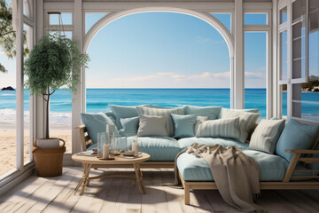 Obraz na płótnie Canvas stock photo of living room in beach house breezy 