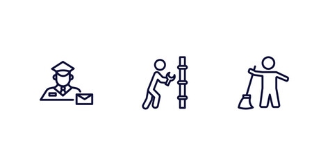 set of people thin line icons. people outline icons included postman working, plumber working, sweeper working vector.