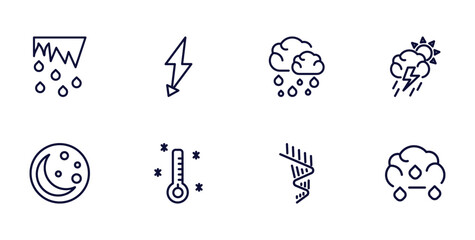 set of weather thin line icons. weather outline icons such as thaw, thunderbolt, stormy, first quarter, freezing, aurora, sprinkle weather vector.