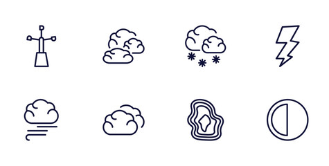 set of weather thin line icons. weather outline icons such as anemometer, altostratus, bolt, blanket of fog, cumulus, isobars, last quarter vector. - obrazy, fototapety, plakaty