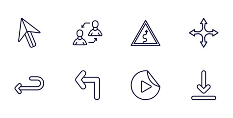 set of user interface thin line icons. user interface outline icons such as mouse arrow, exchange personel, four expand arrows, return left arrow, left turn, video play, download arrow vector. - obrazy, fototapety, plakaty