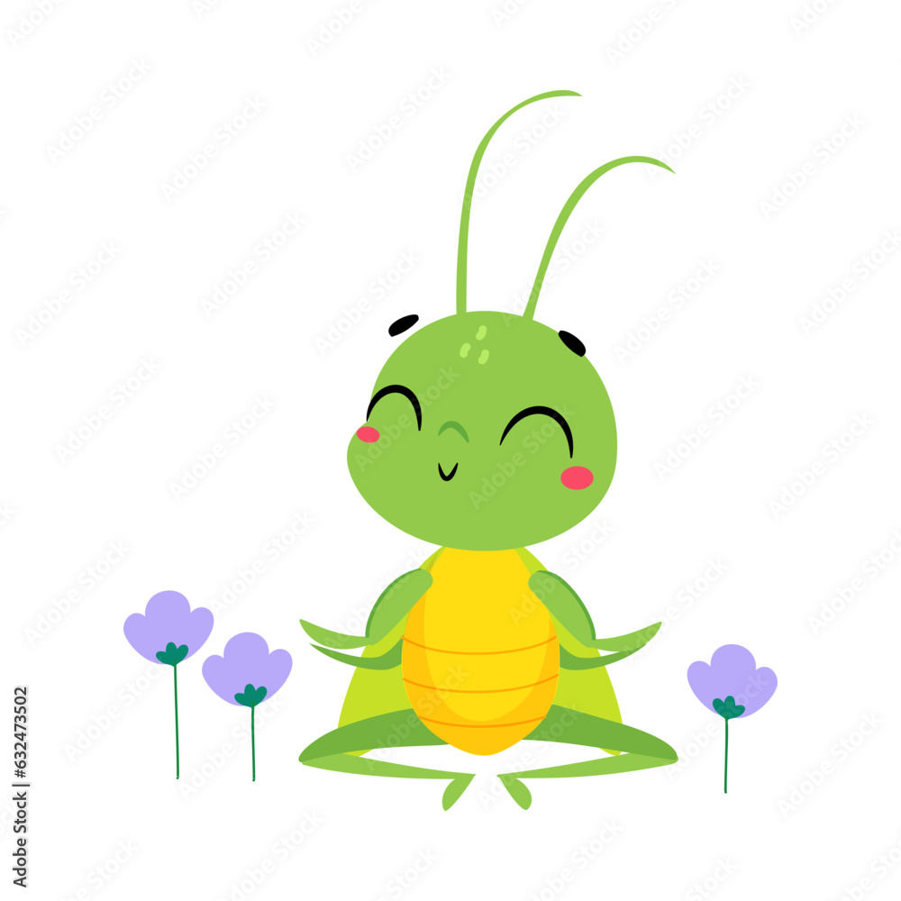 Poster Cute Green Grasshopper Character Sit in Lotus Pose Meditate Vector Illustration