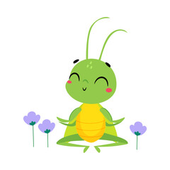 Cute Green Grasshopper Character Sit in Lotus Pose Meditate Vector Illustration