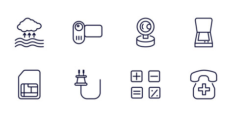 set of technology thin line icons. technology outline icons such as evaporation, video camera front view, scanner with cover, big, basic plug, mathematical operations, hospital phone vector.