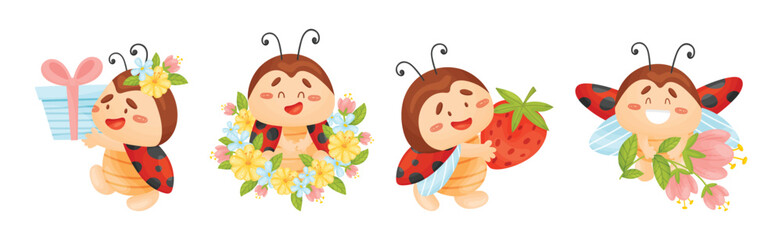 Cute Happy Ladybug with Spotted Wings Vector Set