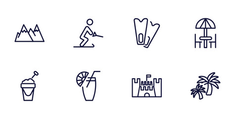 set of summer thin line icons. summer outline icons such as mountains, waterski, terrace, sand bucket, lime juice, sand castle, island with palm trees vector.