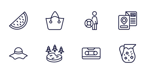 set of summer thin line icons. summer outline icons such as slice of melon, beach bag, travel guide, summer hat, lake, caste, sangria vector.