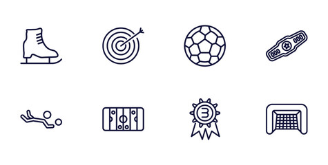 set of sport and games thin line icons. sport and games outline icons such as ice skating, bullseye, champion belt, volleyball motion, hockey arena, third, hockey goal vector.
