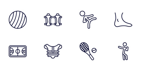set of sport and games thin line icons. sport and games outline icons such as exercise ball, shin guards, ankle, basketball court, chest guard, tennis game, dancing motion vector.
