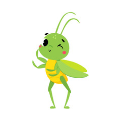 Cute Green Grasshopper Character Winking Vector Illustration