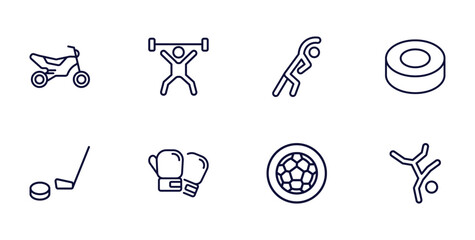 set of sport and games thin line icons. sport and games outline icons such as motocross, weight lifting, hockey puck, equipment, boxing glove, football ball circular, breakdance vector.