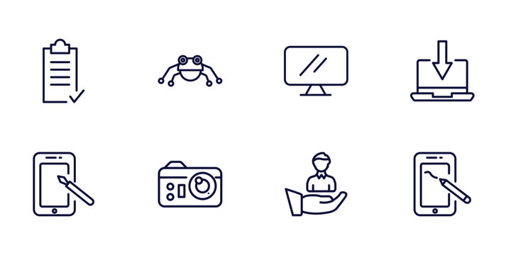 set of technology thin line icons. technology outline icons such as summary, robot insect, received, digital pen, photograph camera, client, drawing tablet vector.