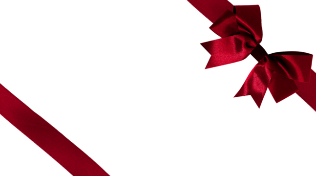 red ribbon bow on the right corner isolated on transparent background, for Christmas holiday or Birthday gift box present wrap design decoration ornament element