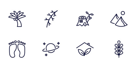 set of nature thin line icons. nature outline icons such as coconut tree standing, larch leaf, dune, four toe footprint, planet with satellite, indoor, pecan leaf vector.