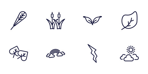 set of nature thin line icons. nature outline icons such as obovate, reed bed, ovate, cercis leaf, rainbow behind a cloud, element, sunny protic vector.