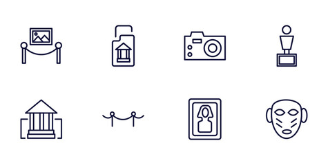 set of museum and exhibition thin line icons. museum and exhibition outline icons such as painting, archivist, bust, buffalo, museum fencing, el greco, african mask vector.